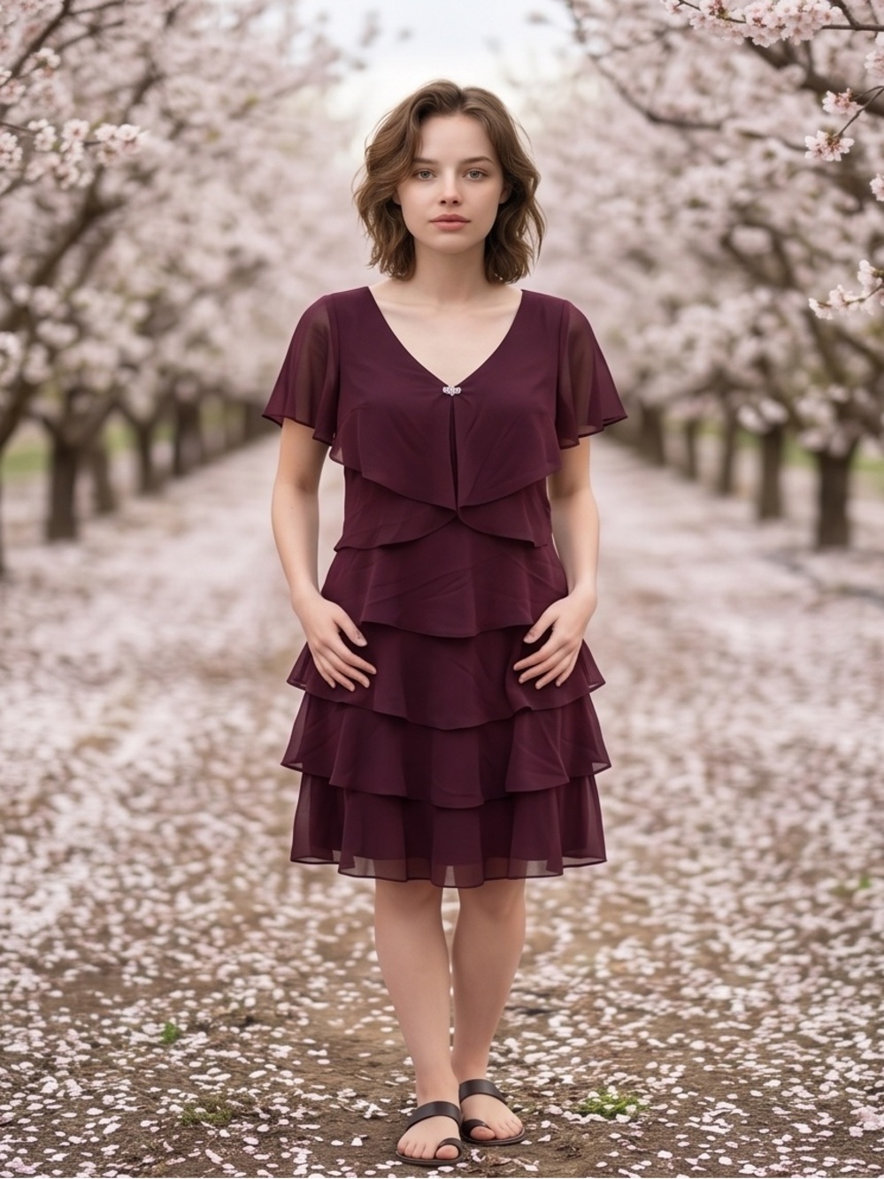 SL Fashions Burgundy Tiered V-Neck Chiffon Dress